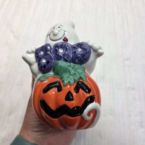 Whole Home White Orange Boo Ceramic Ghost Tealight Holder with Tealight - Picture 9 of 9